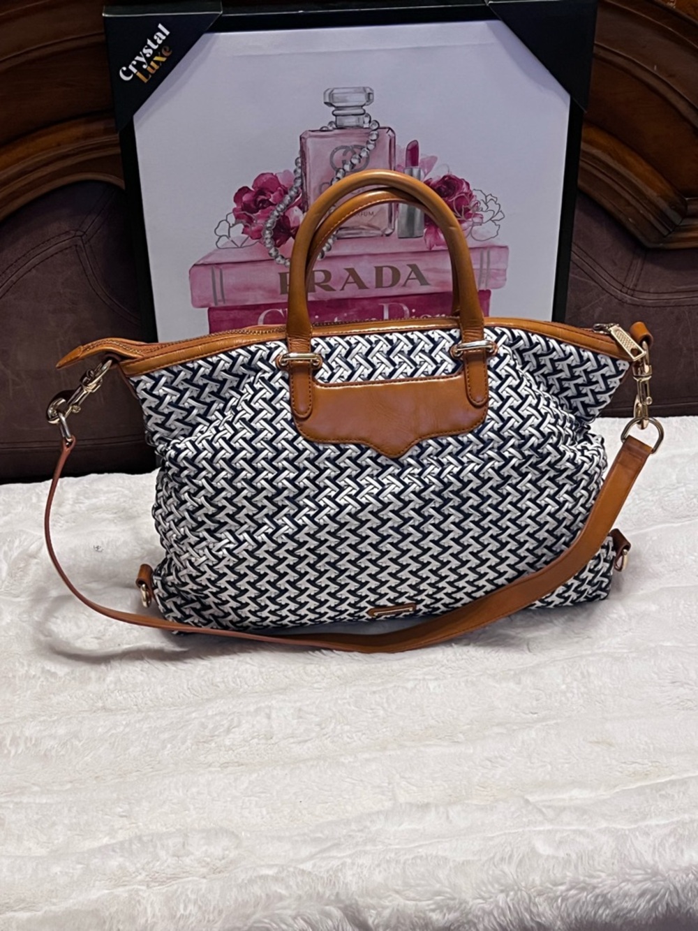 Rebecca Minkoff Black & White Woven Tote with Tan Trim